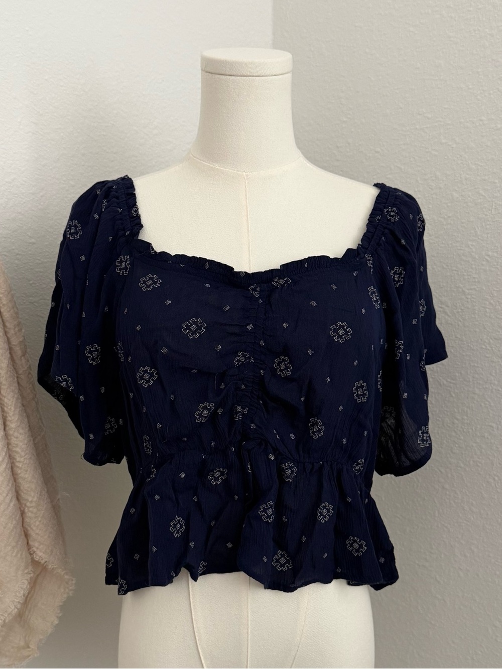 True Craft Medium Navy Blue Boho Peplum Blouse Square Neck Rayon Top